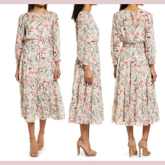 NEW $168 Eliza J [ 16 ] Floral Long Sleeve Tiered Midi Dress‎ White Pink - Picture 1 of 14